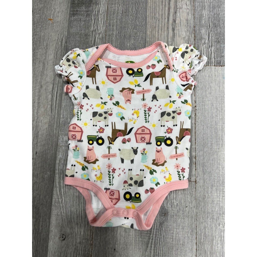 John Deere Baby Girl Farm Print Bodysuit Pink Scalloped Trim 3-6‎ Months